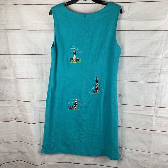 Vintage Dress Linen Embroidered 12 14 XL Lighthouses Nautical Marine Blue Teal - Picture 3 of 16